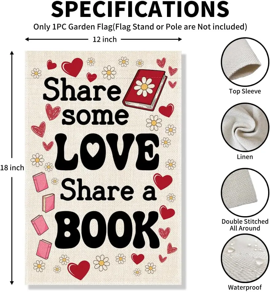 Share Some Love Share a Book Funny Garden Flag, Little Free Library Banner, Valentines Day Librarian Gifts for Readers Books GGO view 2