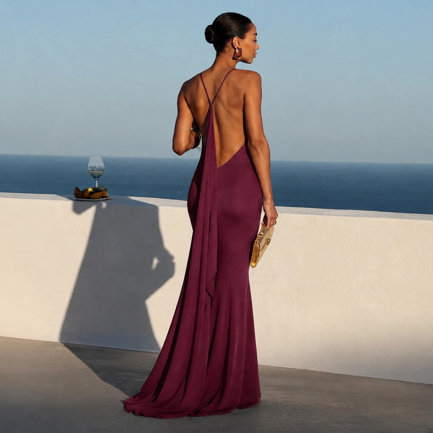 Women Cowl Neck Spaghetti Strap Mermaid Maxi Dress Backless With Trailing Sash Slim Bodycon Floor Length Evening Party Gown