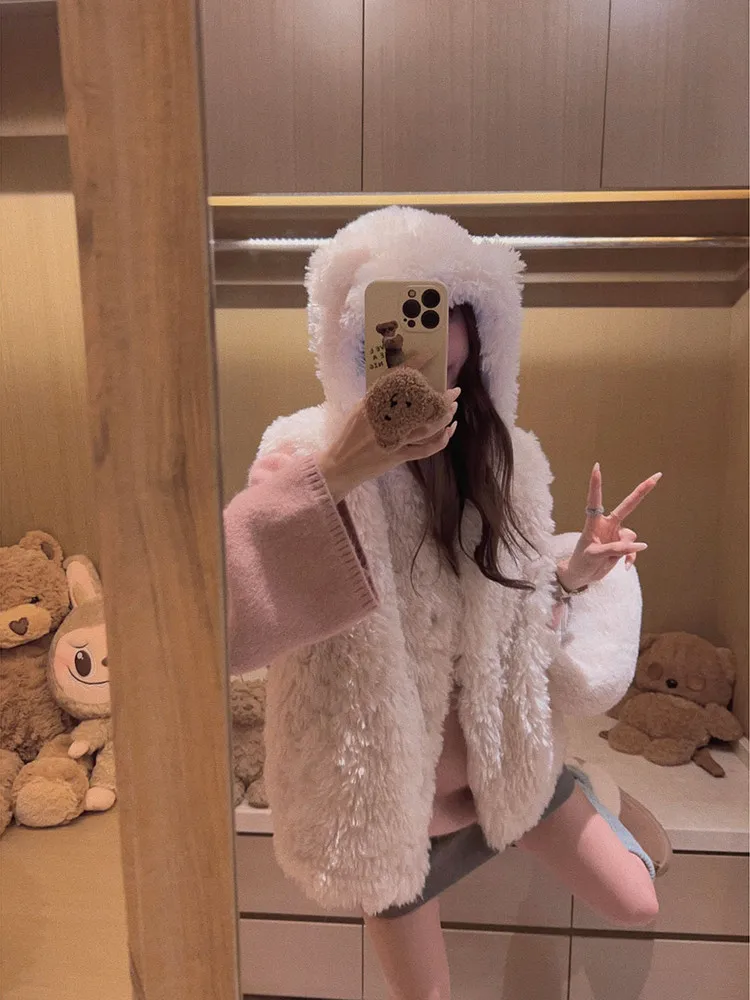 

Yukiss Bear Ear Hooded Jaet Lamb Fur Vest Women's Faion Outerwear Commute Sle Single Button Closure Pure Color Design