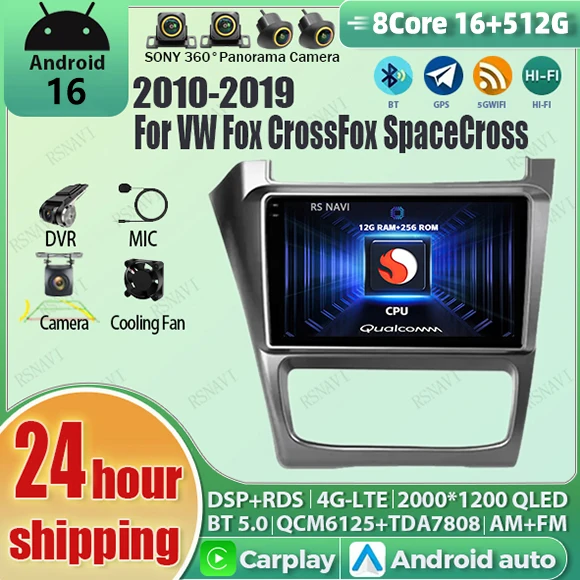 Radio para Auto con Android 16, Carplay, Qualcomm, Pantalla QLED 2K, Reproductor para Volkswagen VW Fox, CrossFox, SpaceCross 2010-2019, GPS, Wifi, Bluetooth