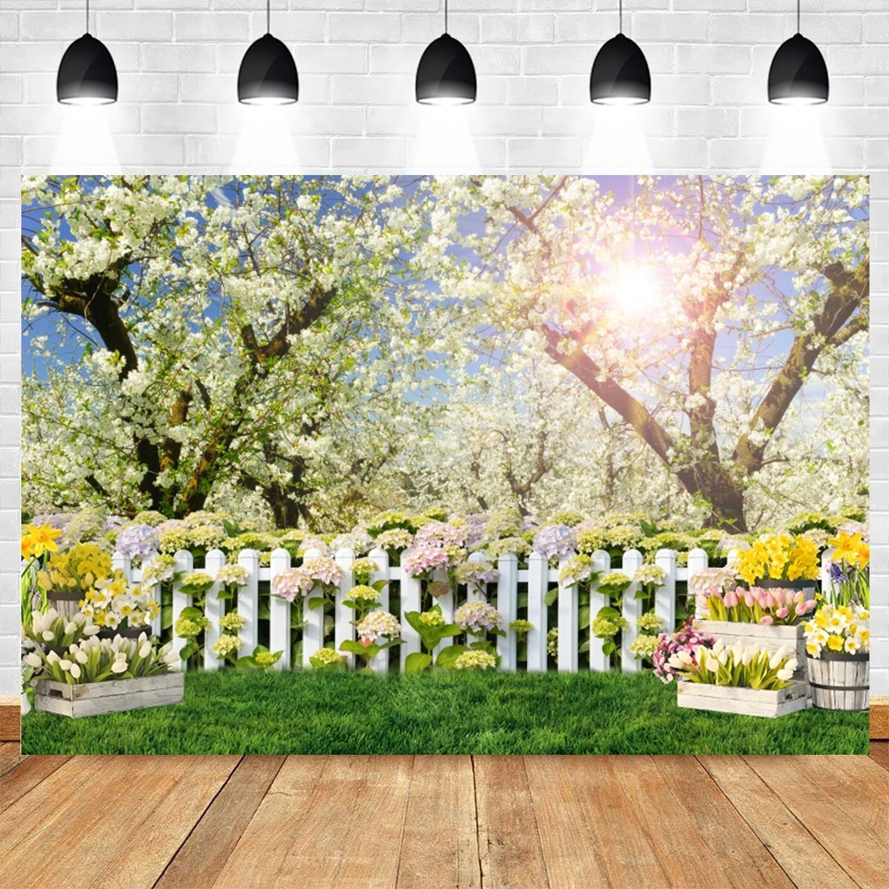 Spring Yard Garden Photography Backdrop Fence Sunflower Flowers Field Baby Shower Kids Portrait Background Photo Studio Props