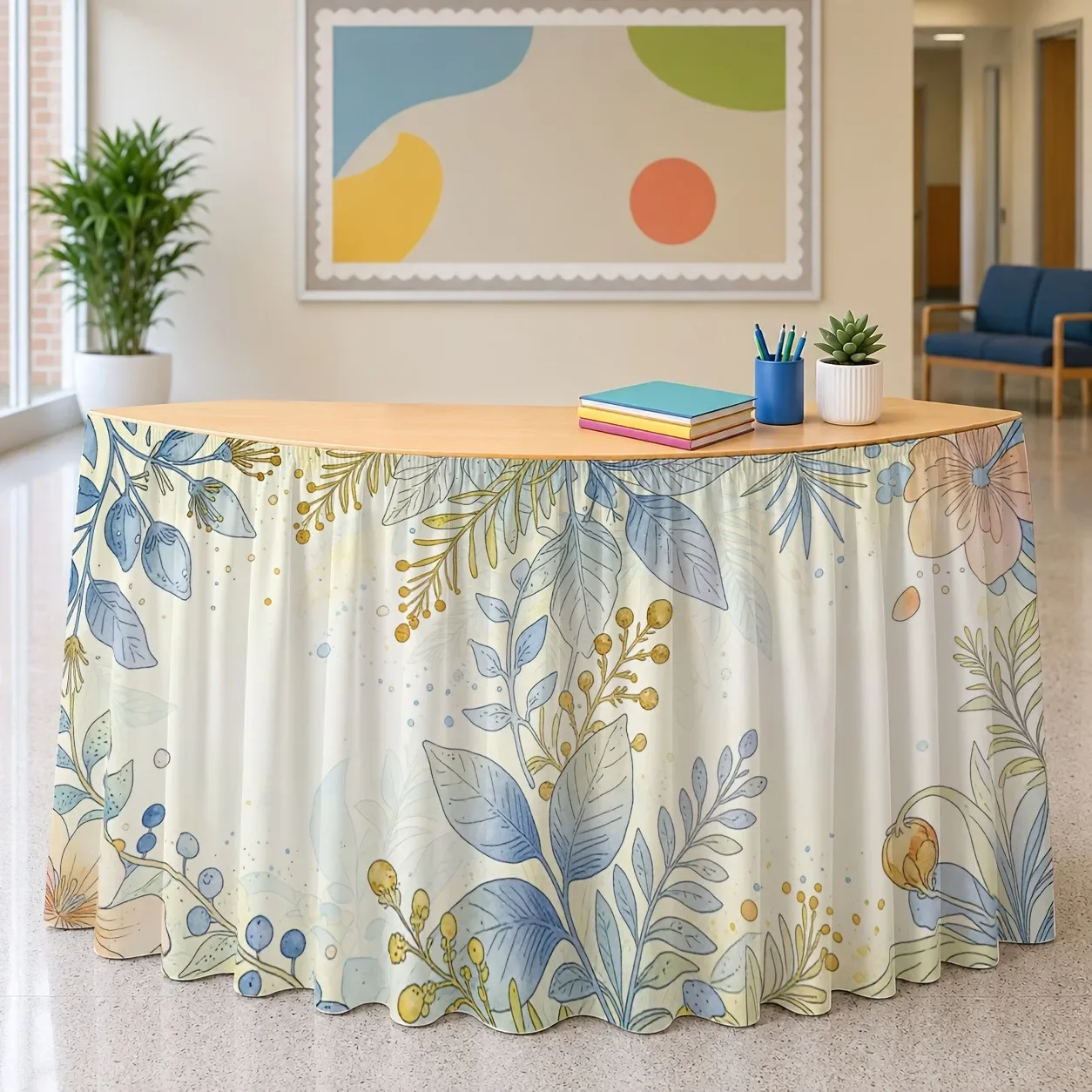 1pc Table Skirt with Floral Plant Watercolor Print - Elegant， peaceful, retro style