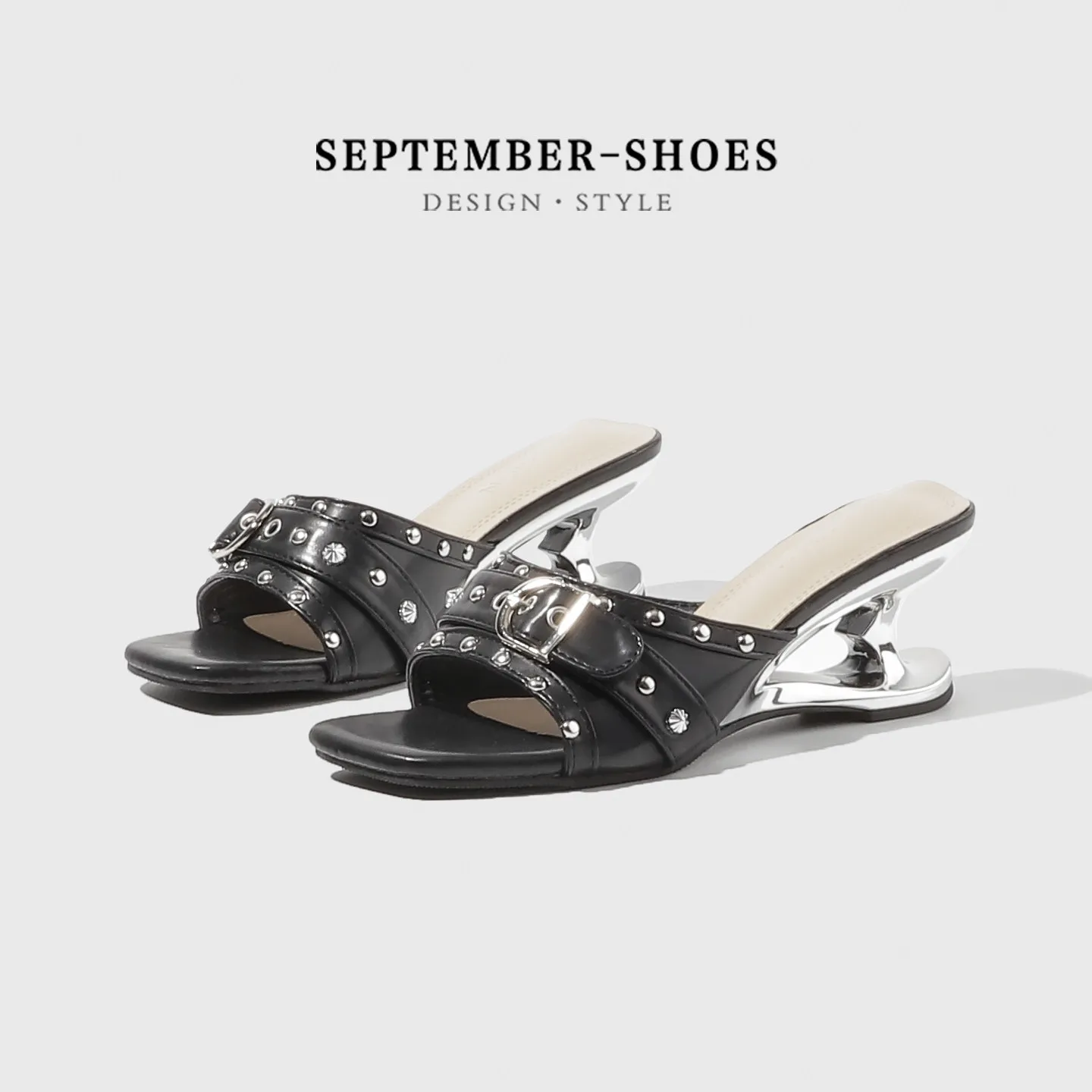 Women Punk Slide Sandals Open Toe Rivet Belt Buckle Strap Irregular Metallic High Heel Mules Gothic Summer Outdoor Slippers