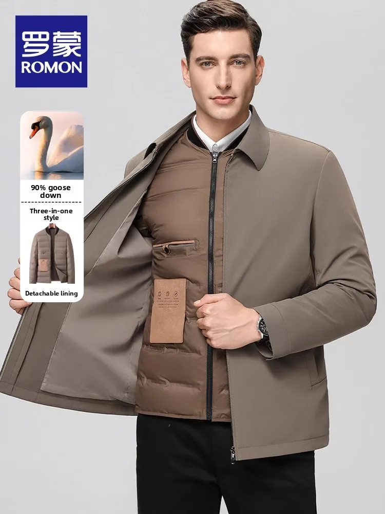 Men's Short down Jacket Removable Inner Sleeve Milk Silk Goose down Warm Business Style Fashion Urban Wear Winter Coat