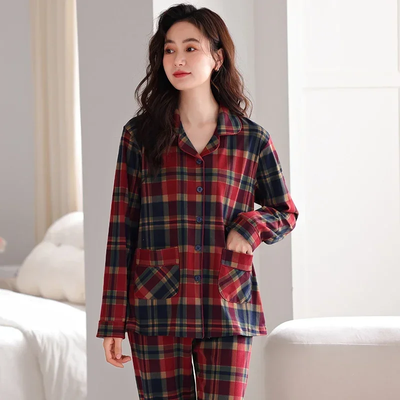 2024 Autumn Plus Size Long Sleeve Casual Plaid 100% Cotton Pajama Sets For Women Korean Loose Sleepwear Pyjamas Homewear Clothes