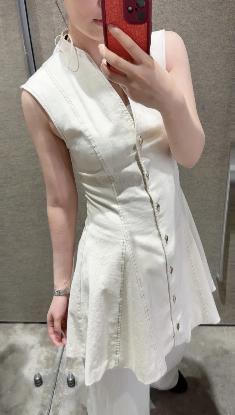 فستان ETJ 2025 صيفي نسائي قصير غير رسمي بسيط ومتعدد الاستخدامات بدون أكمام من القماش المطاطي فستان من قماش الدنيم للتنحيف