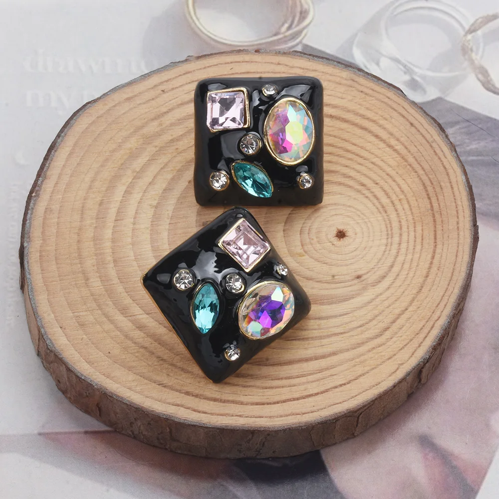 Esmalte gotado óleo quadrado brincos de metal para mulheres, declaração étnica boho, joias de cristal, branco, preto, marrom, nova moda, 2024