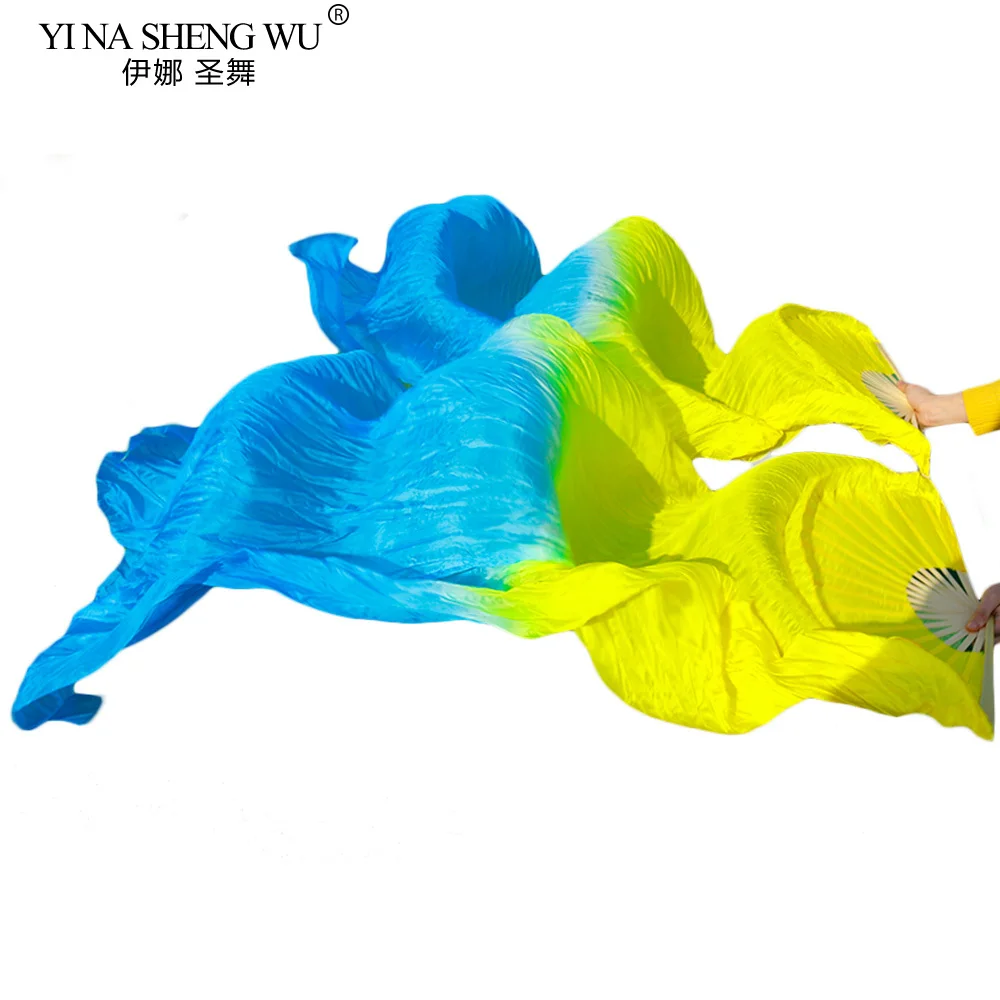 ارتفاع بيع 100% الحرير الحقيقي 1 زوج الخيزران الأضلاع اليدوية مصبوغ طويل الحرير الرقص الشرقي المشجعين الرقص الأصفر + الفيروز 120/150/180x90 سنتيمتر #4