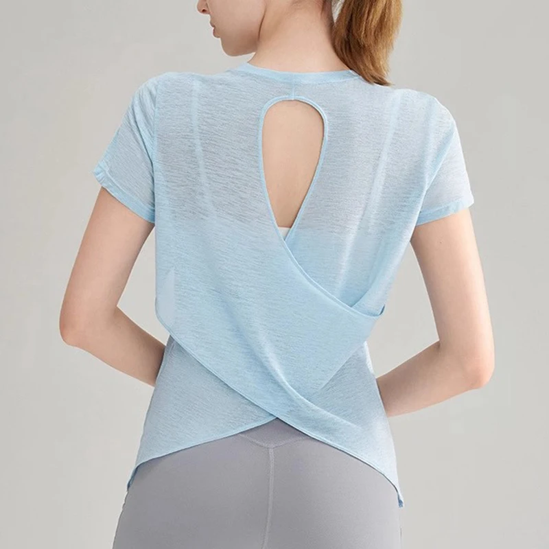 Women's Quick Drying Hollow out Back Sports T-Shirt Yoga Suit Top Short Sleeve Fitness Cover up