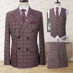Men's Wedding Plaid Burgundy Blazers Jacket Pants Vest 3 Pcs Set 2025 Slim Fit Business Tuxedo Dress Classic Formal Suits Coat