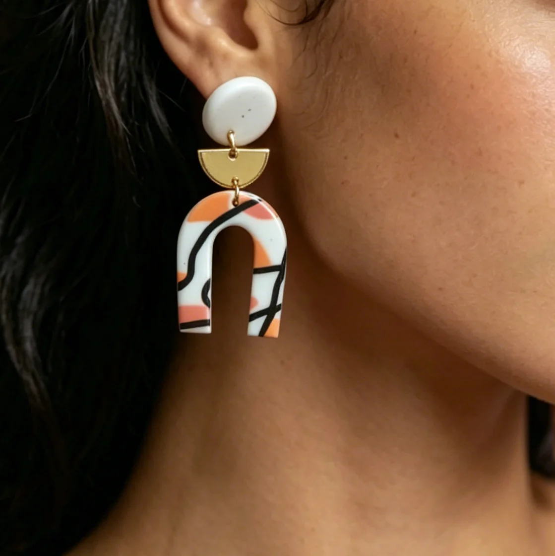 Boho Chic Abstract Arch Funky White Gold Polymer Clay Statement Earrings Artsy Handmade U-shape Dangle Jewelry Summer Accessory