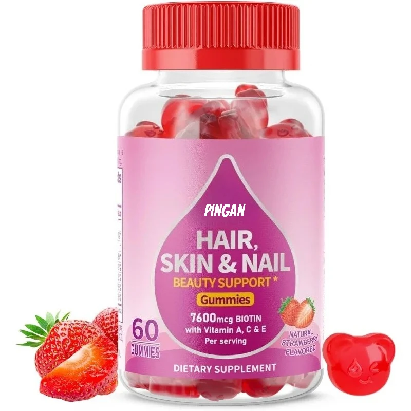 

Natural Hair, Skin, and Nail Vitamin Gummies, 7600mcg Biotin Containing Vitamins A, C, and E - Beauty Support Supplement