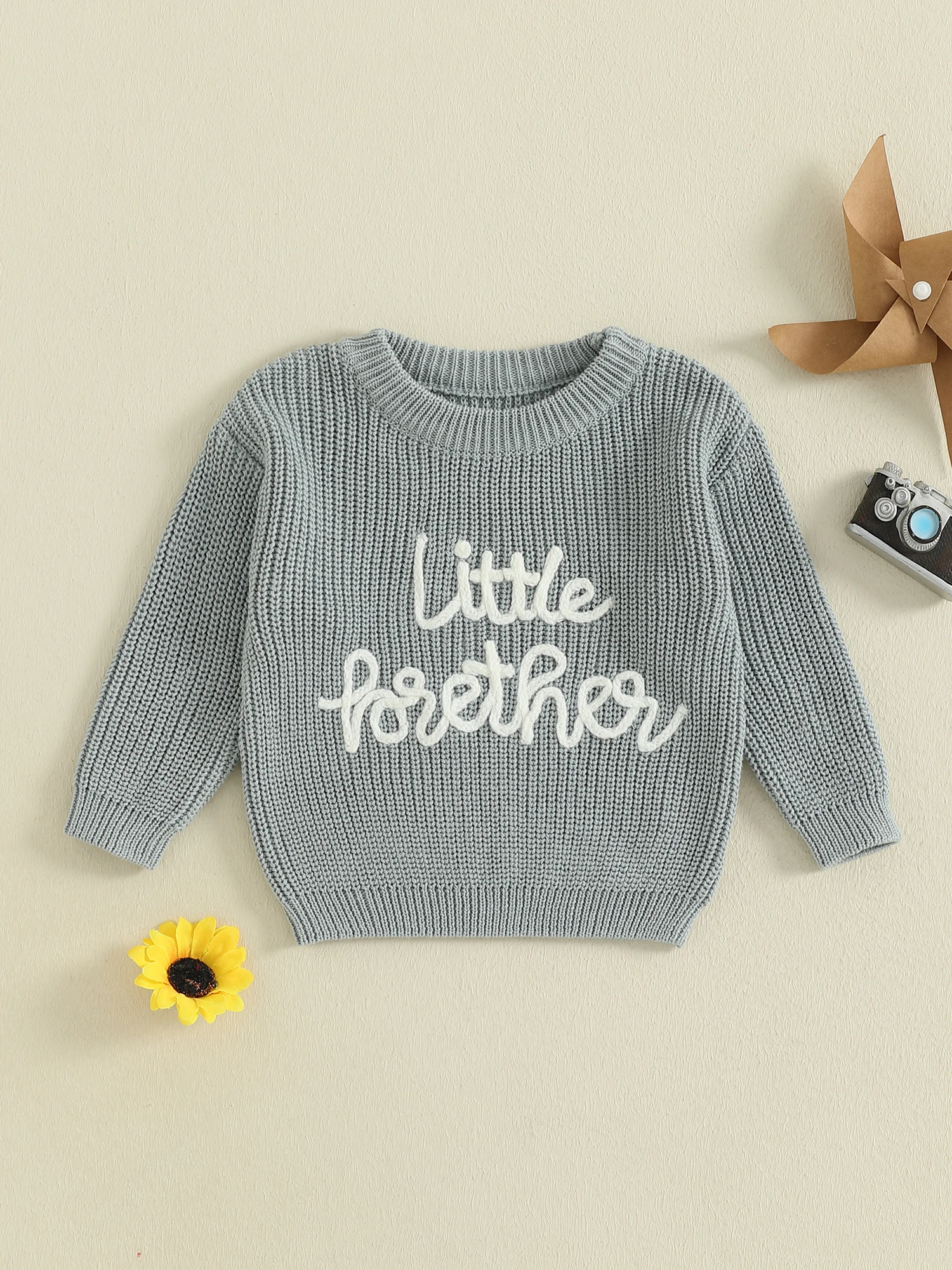 

Infant Boy s Pullover Sweater with Long Sleeves Crew Neck and Embroidered Letters - Newborn Knit Top for Fall Winter