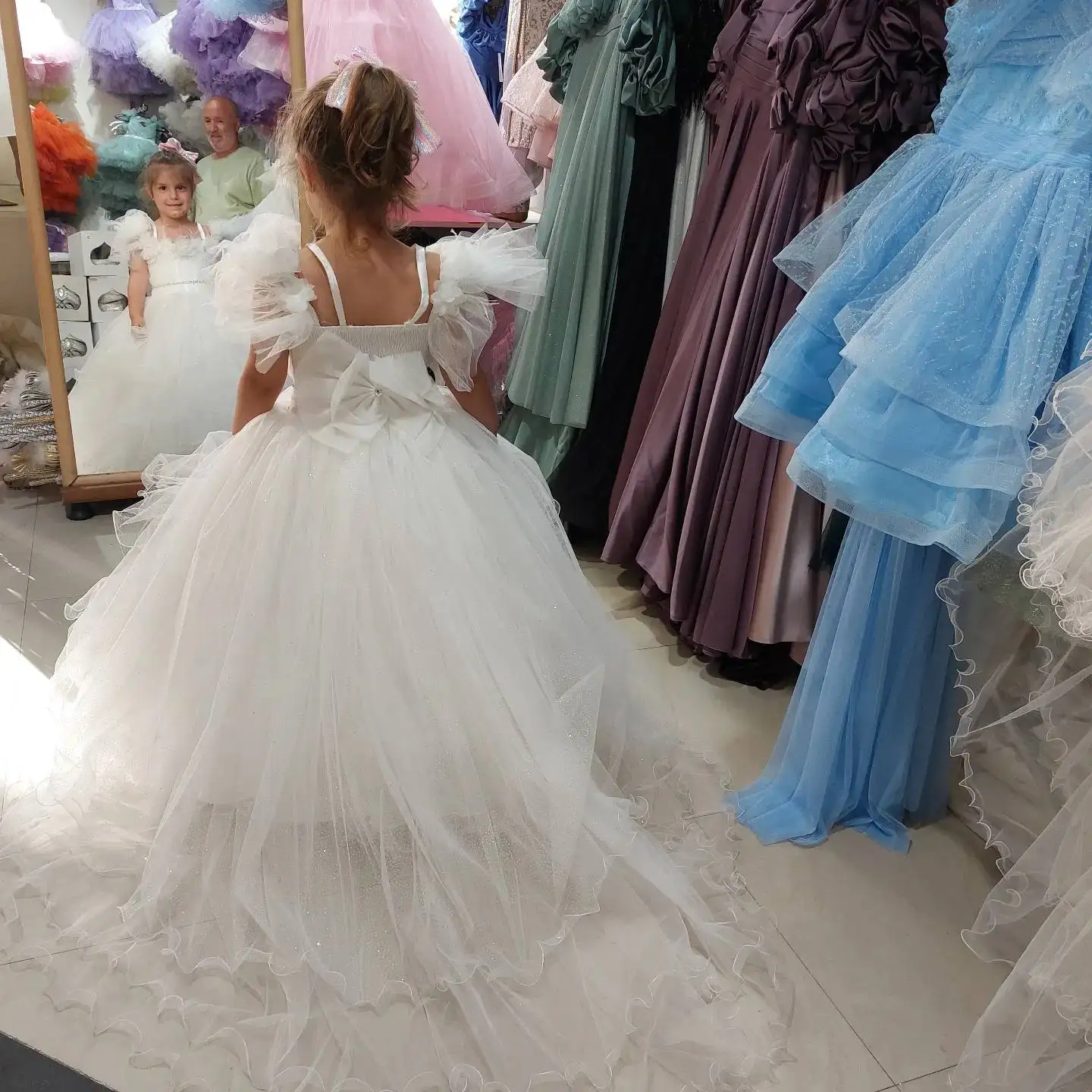 Vestido De Menina De Flor De Pena Branca, Ruffles Tule, Vestido De Primeira Comunhão, Vestidos De Aniversário, Festa De Casamento