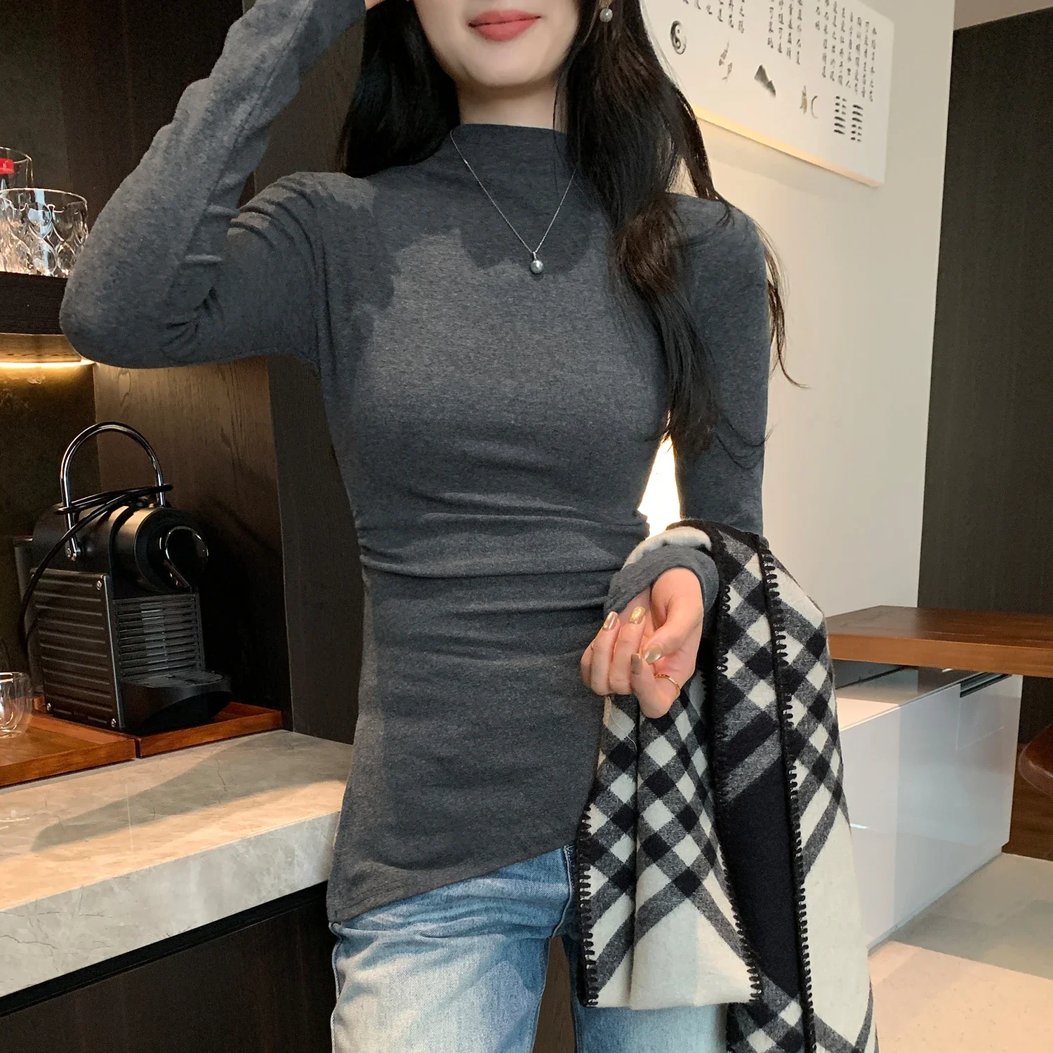 Zjaiss Koreanischer Stil Vielseitiges Hot Girl Base Layer Top Rollkragen Slim Fit Langarm Basic T-Shirt Trendy Solid Damen T-Shirts