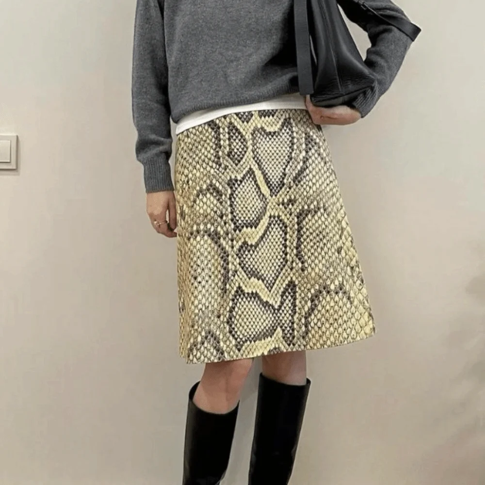 

Slim Fit Leopard Straight Skirt A Line Midi Length High Waist Half Dress Serpentine Print Contrast Patchwork Women Long Skirt