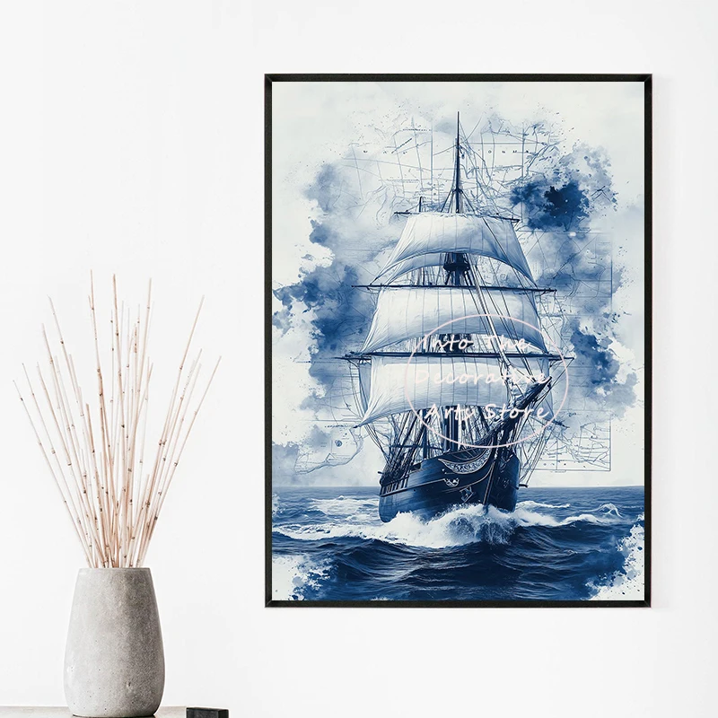 Classic Nautical Theme Series Vintage Sailing Ship Anchor Rendering Style Posters Canvas Painting Print Wall Pictures Home Decor