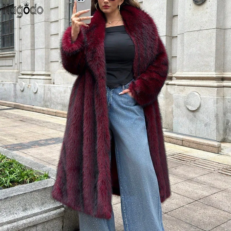 Nagodo Women Long Faux Fox Fur Coat Turn Down Collar Imitation Fur Long Sleeve Jacket Thick Warm Fluffy Female Burgundy Overcoat