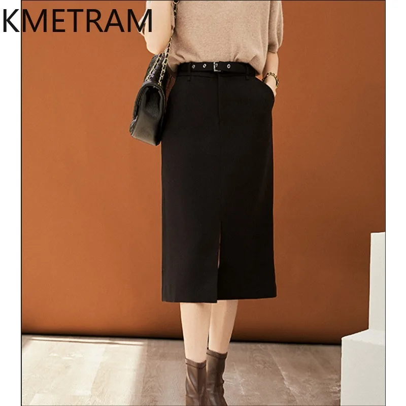 KMETRAM Women's Skirts Elegant High Waist Split Hem Midi Skirt Spring Autumn Straight Skirts High Quality Woman Clothes 2026 치마