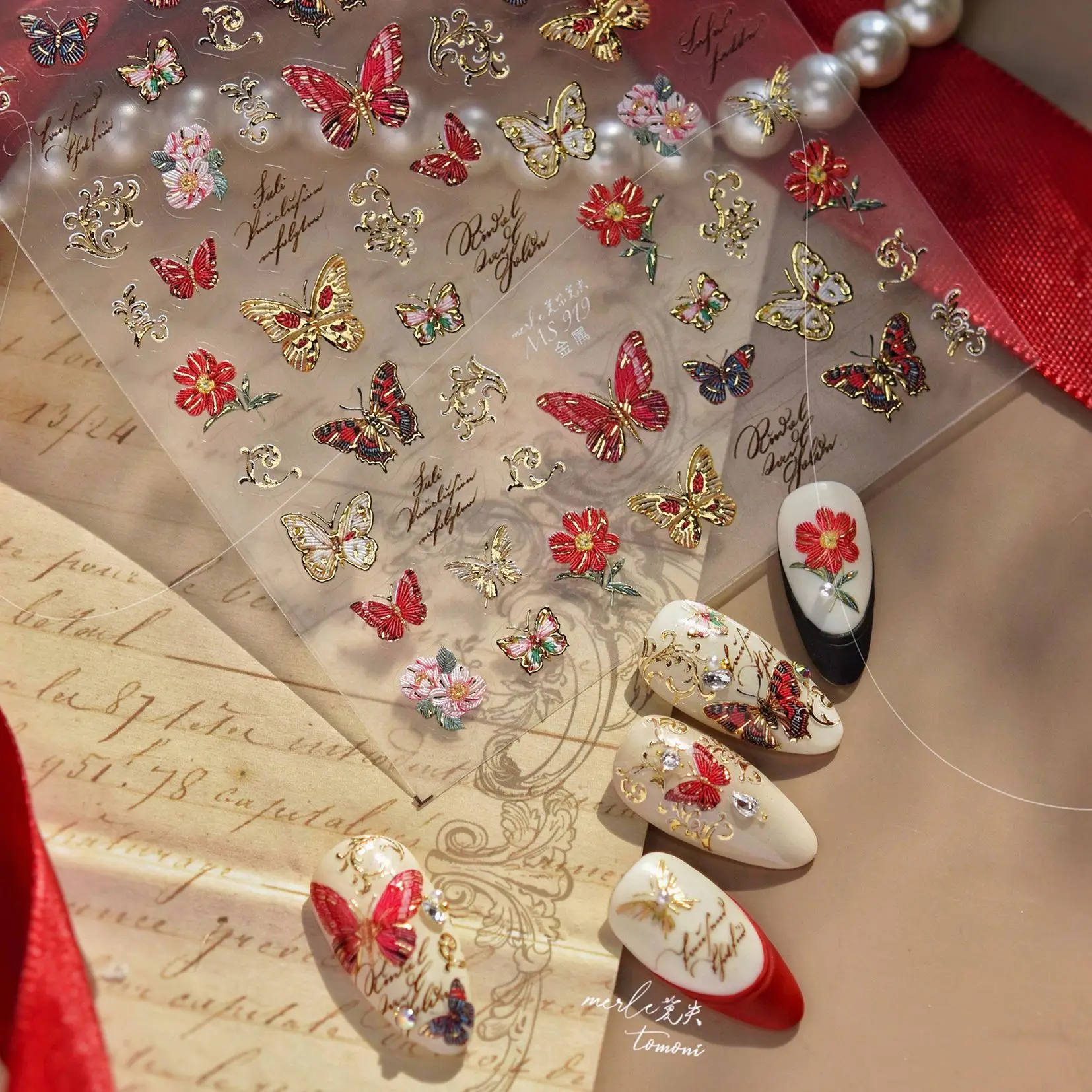 

Luxury Exquisite Red Gold Silk Gilded Butterfly Nail Art Stickers DIY Manicure Decal Decoration High Quality