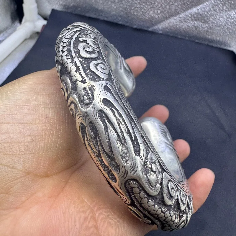 Vintage White Copper Hollow Bangle, Exquisitely Carved Dragon Phoenix Antique Patina Folk Retro Wrist Jewelry
