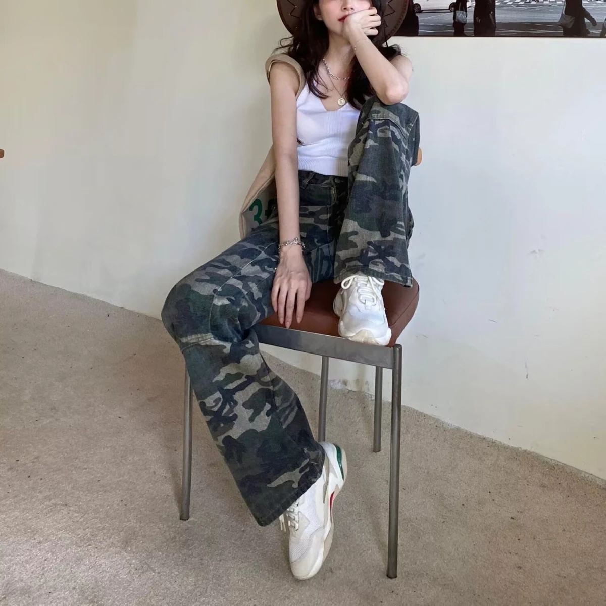 

American Retro High Street Camouflage Work Pants Men's Street Folded Multi ket Loose Match Straight Leg Wide Leg Pants