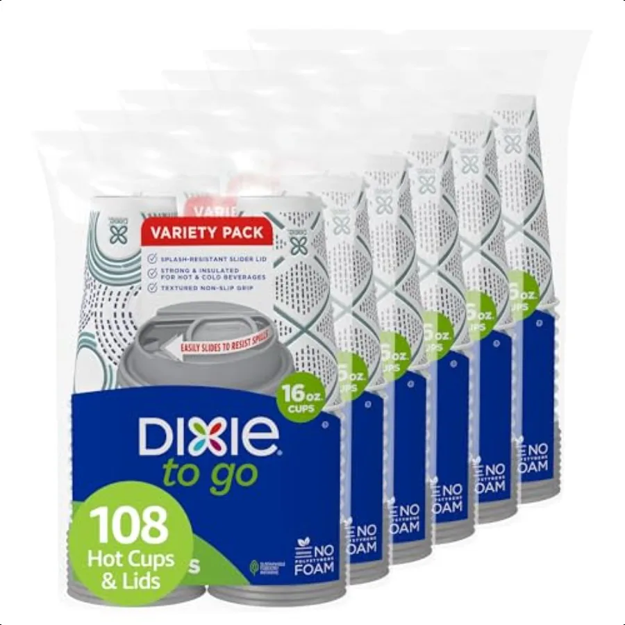 

Dixie To Go Paper Coffee Cups With Lids 16 oz 108 ct Insulated Paper Cups for OnTheGo Hot or Cold Beverages