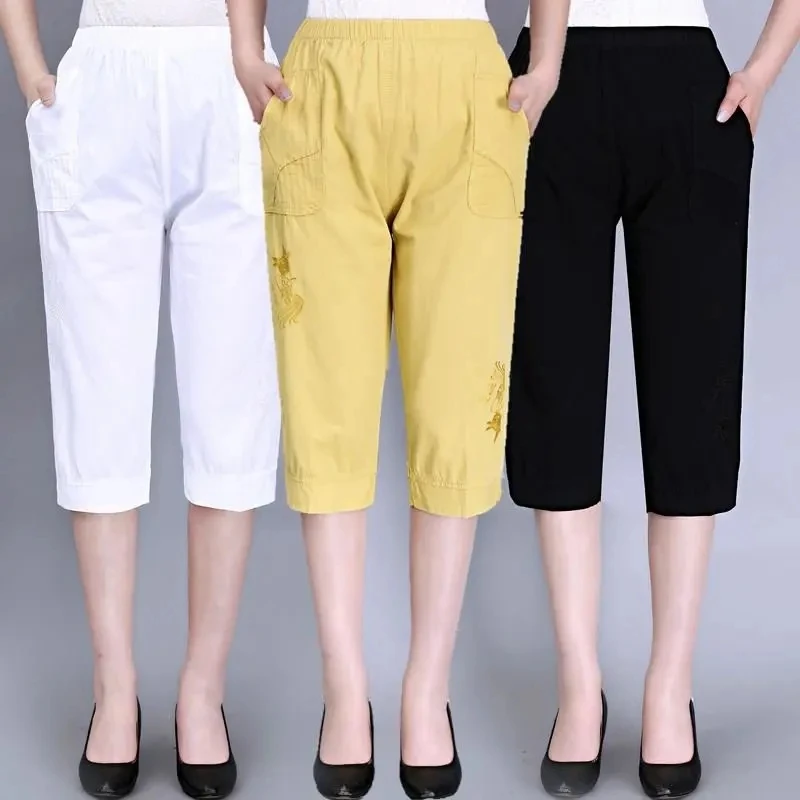 Womens 100% Cotton Capris Pants Mom Summer Pants Fashion Straight Cotton Thin Casual Trousers Women High Waist Pants Female 4XL