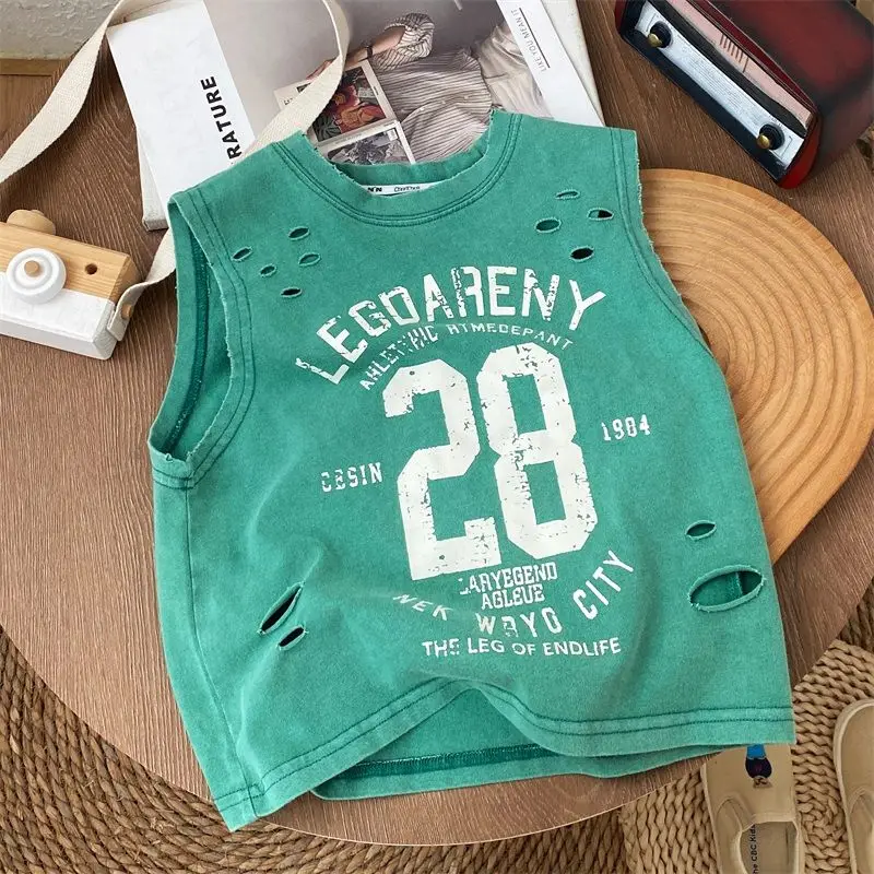 Summer Handsome Boys New Worn Black Pure Cotton Sleeveless Perforated T-shirt Loose Style Baby Tank Top