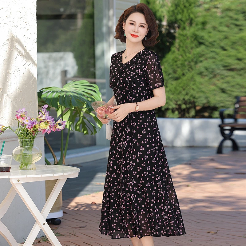 ผู้หญิงดอกไม้พิมพ์ชุดชีฟอง V คอ Elegant Office A-Line Fairy Dresses Chic ผู้หญิง Party Vestido