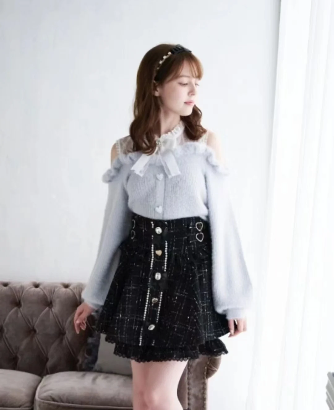 Japanese Lolita Sexy Strapless Long Sleeve Sweater Coat for Women 2023 Spring New Super Sweet Bow Furry Knitted Cardigan Sweater