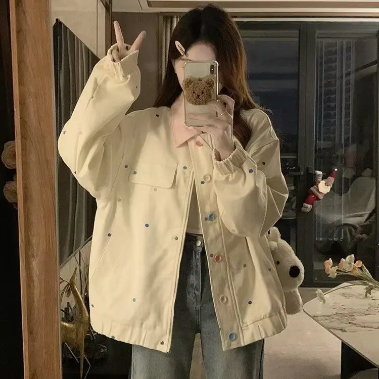 

Floral Print Turn-down Collar Denim Jaet Women's Spring Autumn Sle Retro Design Unique Top Coat Small Size Trendy