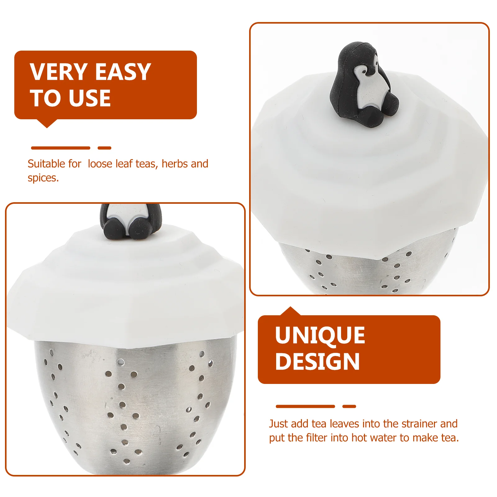 Roestvrijstalen Theemandje Theezeefdeksel Extra Fijne Theezeef Roestvrijstalen Thee-Infuser Thee-Kunstgereedschap Thuis Pinguïn Wit