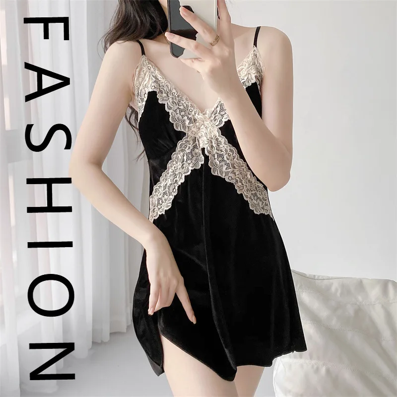 

Pajamas women's autumn and winter 2023 new golden velvet pajamas pure desire sexy suspender pajamas with chest pads loungewear w