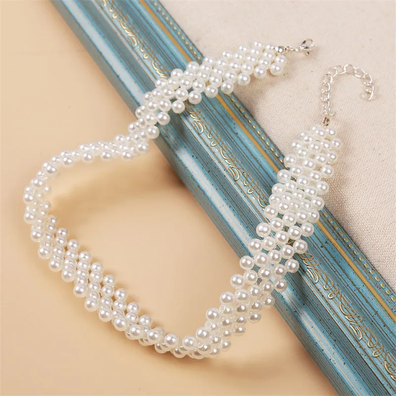 Bohemian Summer Simplicity Weave Imitation Pearl For Women Collarbone Necklace Exaggerated Wedding Short Neckchain Jewelry Gift