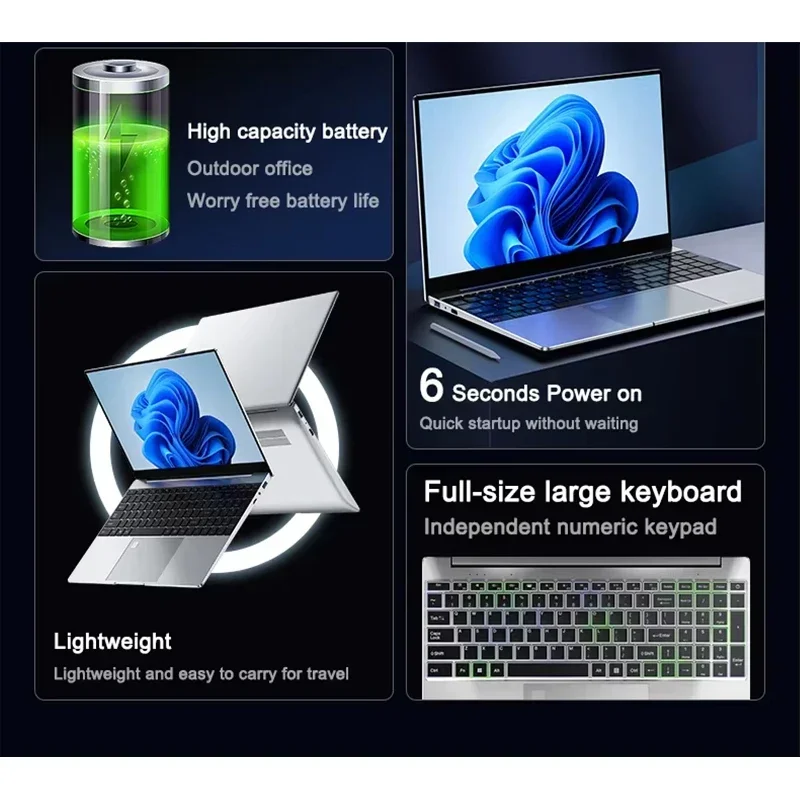 14.1 Inch Full HD IPS Laptop 120Hz Screen Intel Core N150 32GB RAM 2TB SSD Backlit Keyboard Long Battery Life Windows 11