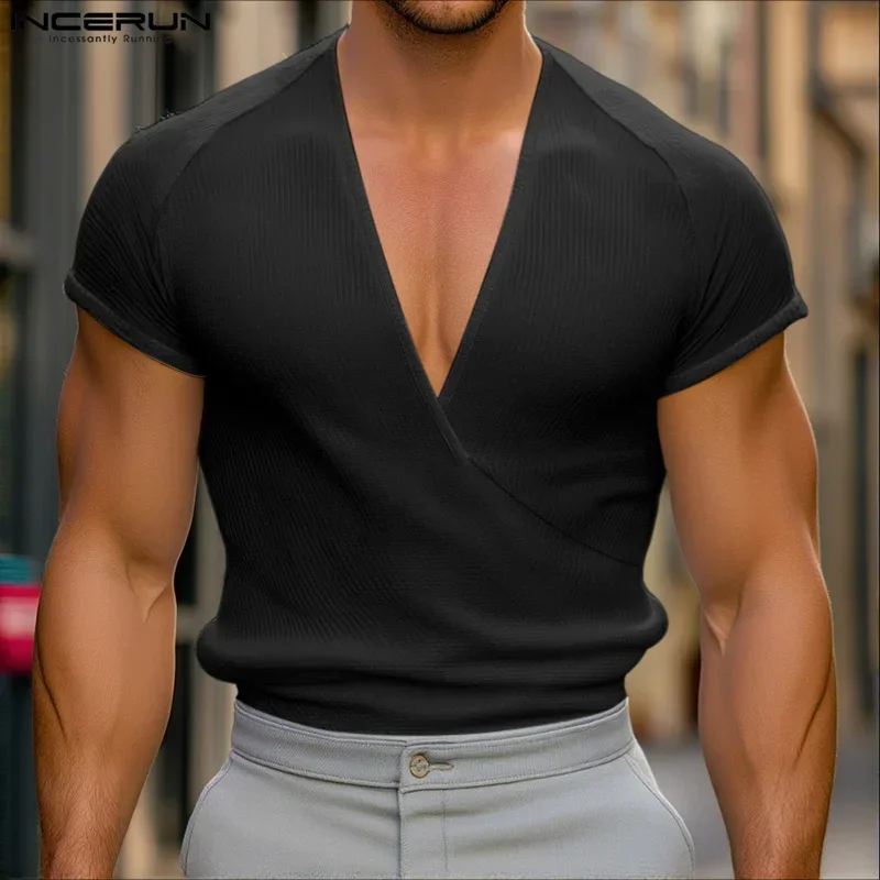 INCERUN мужские футболки модные однотонные футболки с короткими рукавами топы с v-образным вырезом уличная футболка большого размера мужская одежда S-5XL летняя