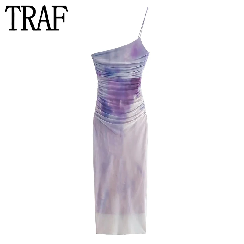 TRAF Purple Slip Bodycon Dress Women Off Shoulder Ruched Tulle Long Dresses Women Summer Backless Sexy Dress Night Party Dresses