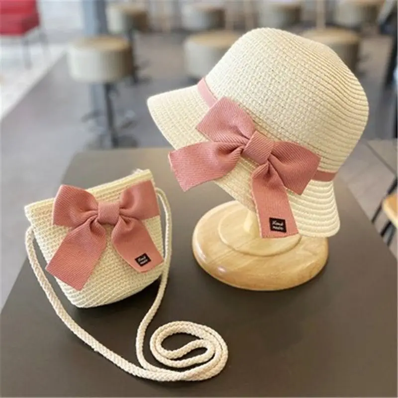 

2-8Y Kids Sun Hat Girls New Summer Straw Hat Bag Cap Set Baby Travel Sun Protection Beach Hats Sun Fisherman Hat for Child