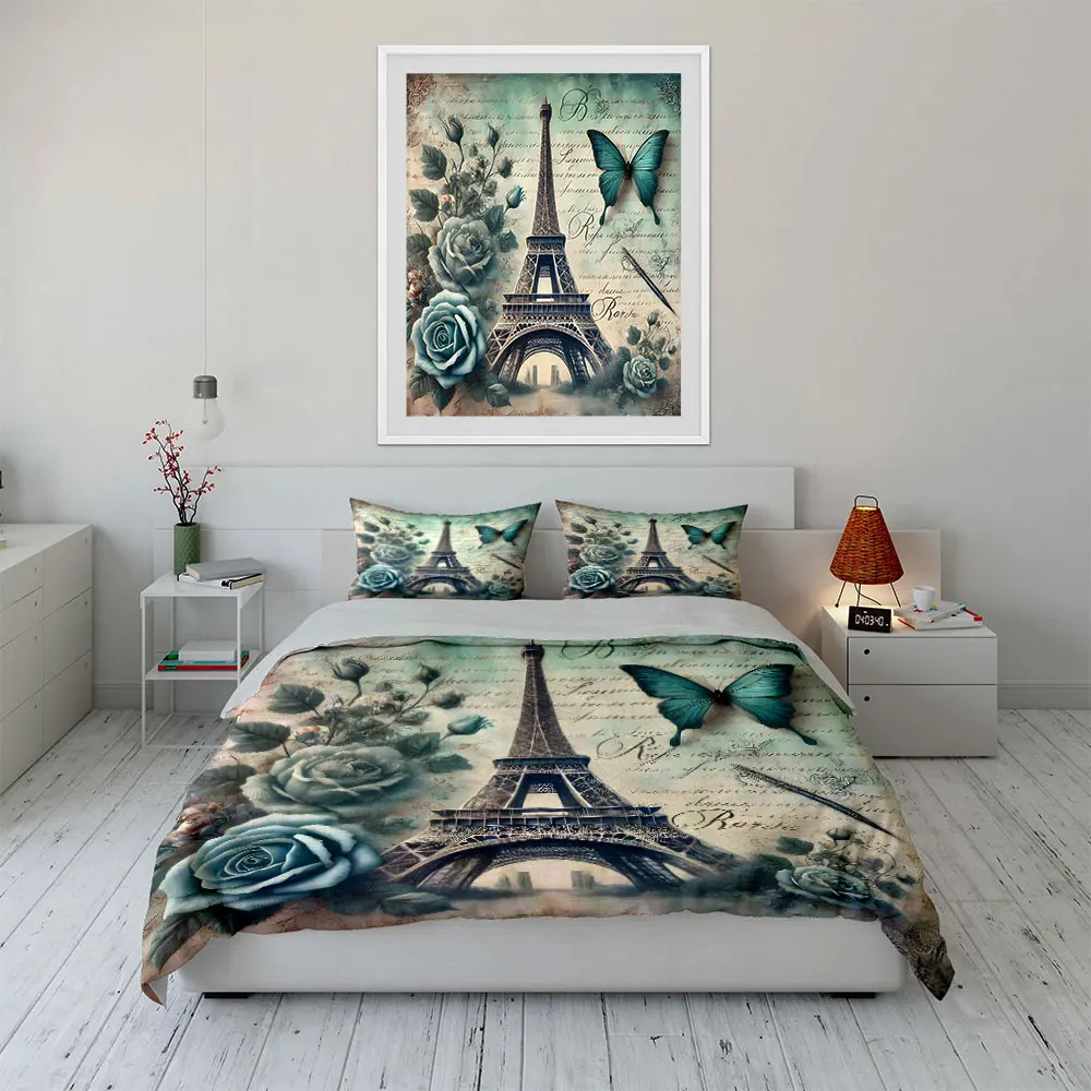 Blue Roses and Eiffel Tower Print Soft Comfortable Duvet Cover Bedding Set Included 1*Duvet Cover  2*Pillowcases