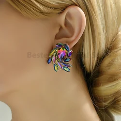 New Luxury Geometric Colorful Glass Big Stud Earrings For Women Fashion Party Dances Vintage Jewelry Statement Accessories Gift