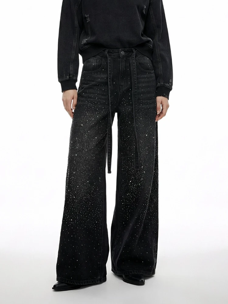 Vintage Full Rhinestone Sequin Jeans Y2K Clothes Men Women Harajuku Hip Hop Sequined Vintage Jeans Low Waist Wide Leg Trousers
