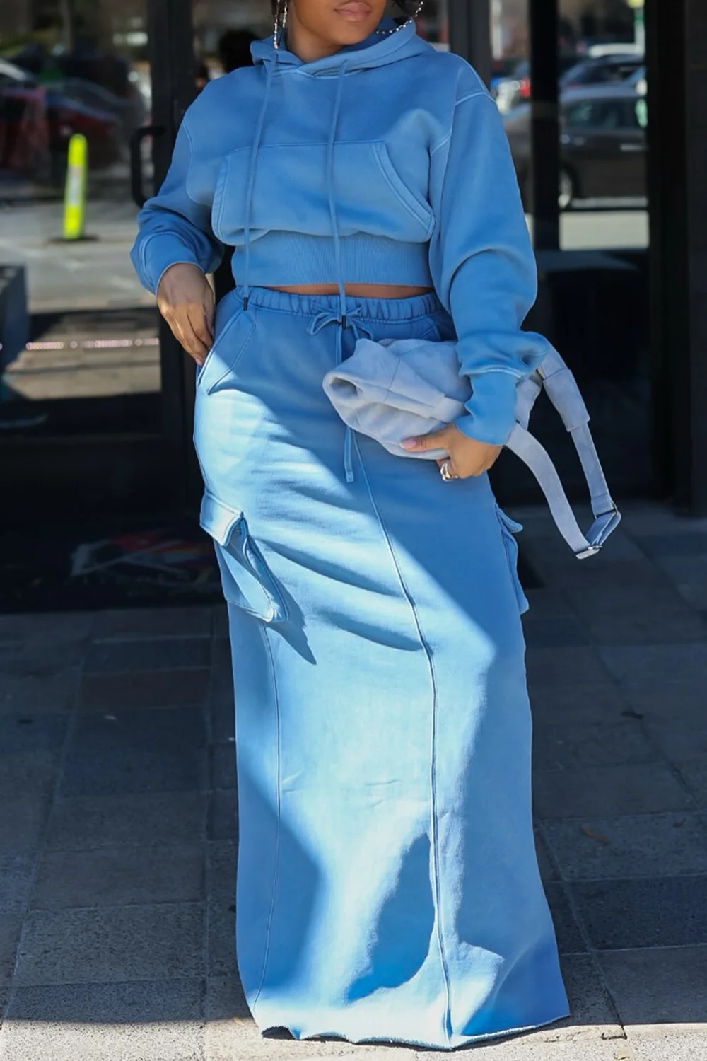 Plus Size Daily Blue Hooded Long Sleeve Cargo Casual Pocket Two Piece Skirt Sets