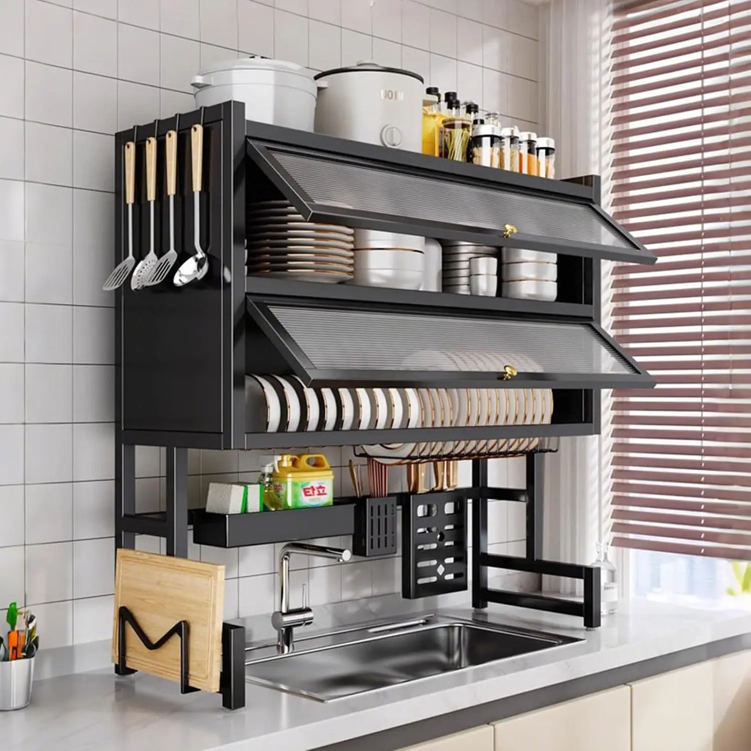 2 Tier Over Sink Stainless Steel Dish Rack with Cover & Utensil Holders, Large Capacity Organizer