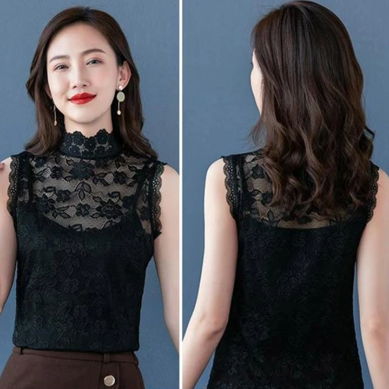 

Women Peony Flower Lace Detachable Collar Solid Color Mock Neck Half Shirt Blouse Scalloped Trim Slim Dickey for Tank To