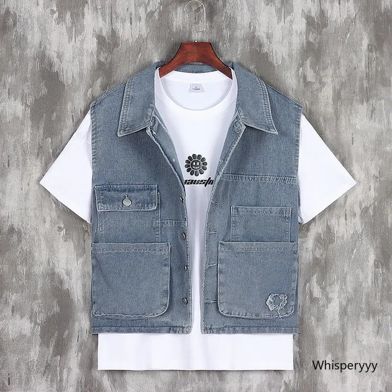 

Spring Summer Sleeveless Denim Jacket Tooling Vest Men Loose Jeans Waistcoat Korean Fashion Youth Cargo Coat Multi-pocket Blue