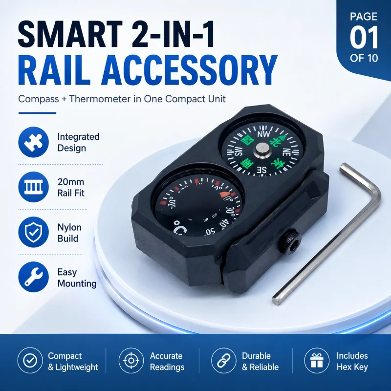 Nylon Dual‑Dial Compass Thermometer Hobby Model Decoration Universal 20‑22MM Rail Accessory with Hex Key