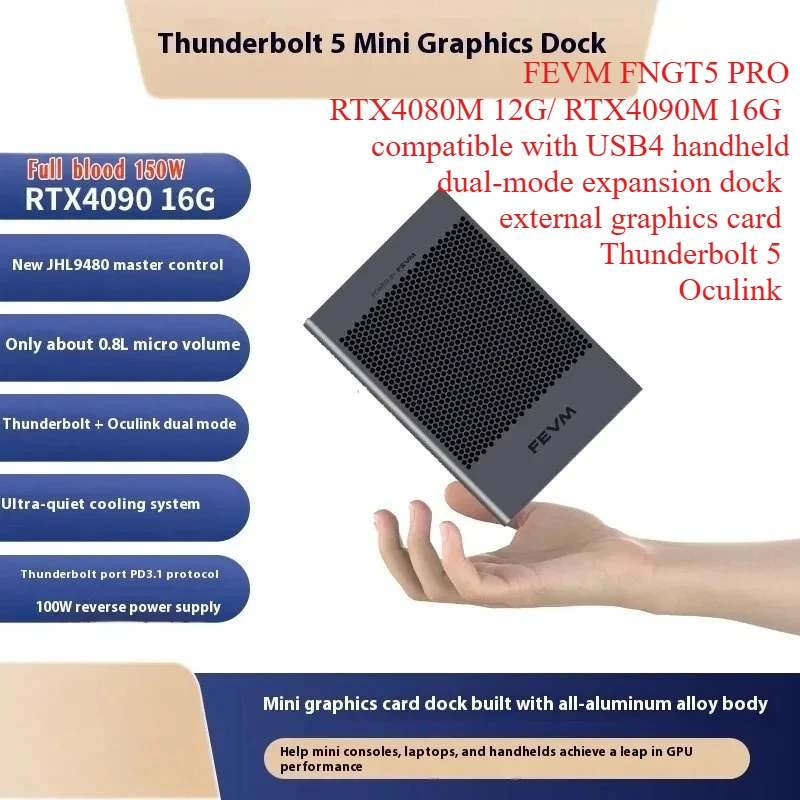 FEVM FNGT5 PRO eGPU Dock, Thunderbolt 5 & OCuLink External Graphics Enclosure, RTX 4060M/4080M/4090M