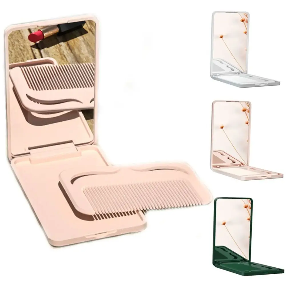 Conjunto de espelho de pente tipo flip mini espelho de maquiagem de cor sólida com pente espelho de vaidade dobrável espelho de bolso compacto feminino