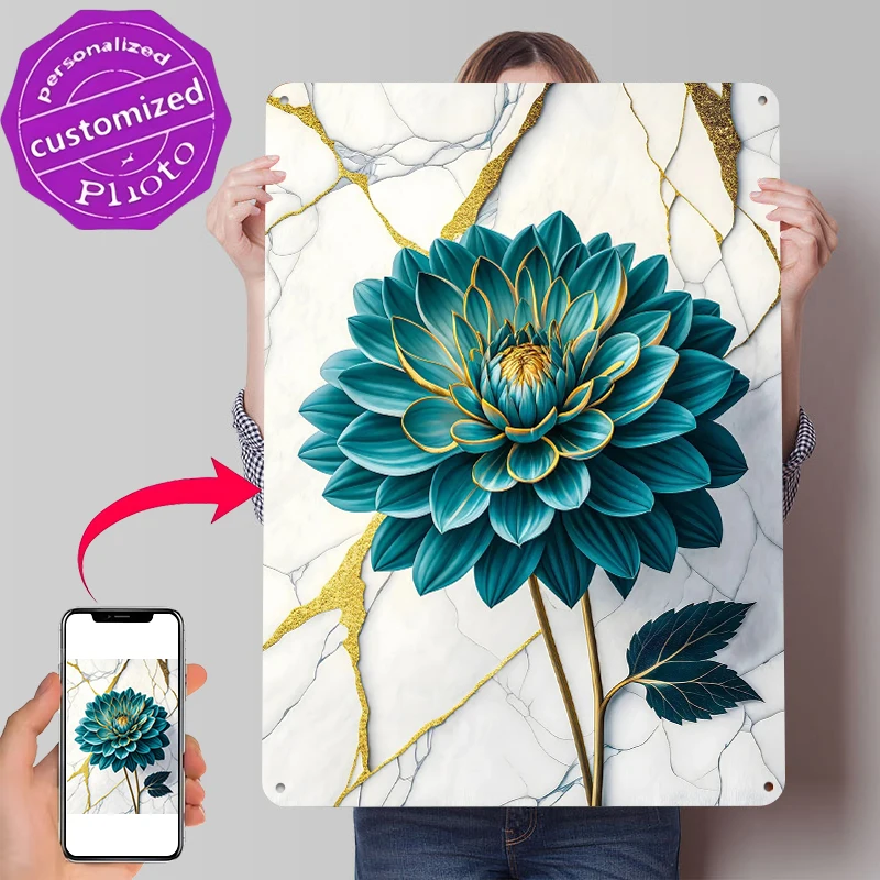 Opulent Dahlia: Teal and Gold Bloom on Marble Tinplate Poster Customized Wall Art Retro Vintage Metal Signs for Fans Man Cave